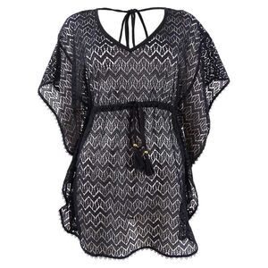 Miken Women's Crochet Caftan Swim Top Cover-Up - Black Caviar